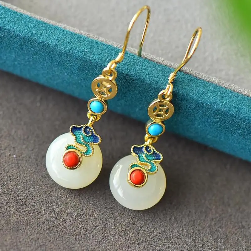 

Natural Nephrite White Jade Earrings Women Genuine Chinese Hetian Jade Turquoise Red Agate Enamel Cloud Donut Pendant Earrings