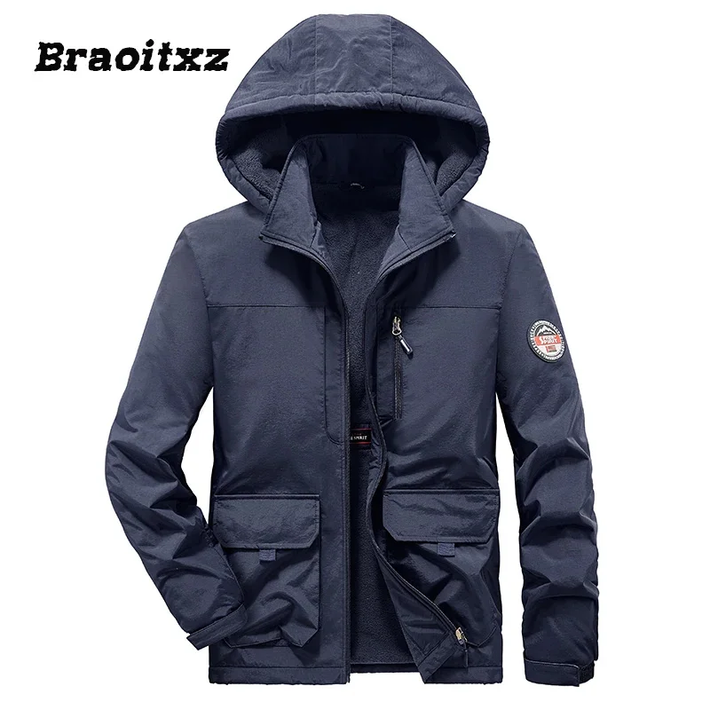 

2024 New Men Autumn Winter Outdoor Casual Windproof Plush Thicken Keep Warm Jacket Coats Waterproof Detachable Hooded