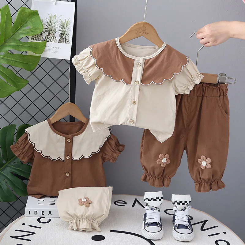MILANCEL New Summer Kids Clothes Set Cute Doll Collar Girls Shirt + Flower Pants Children Thin Style Outwear 2PCS