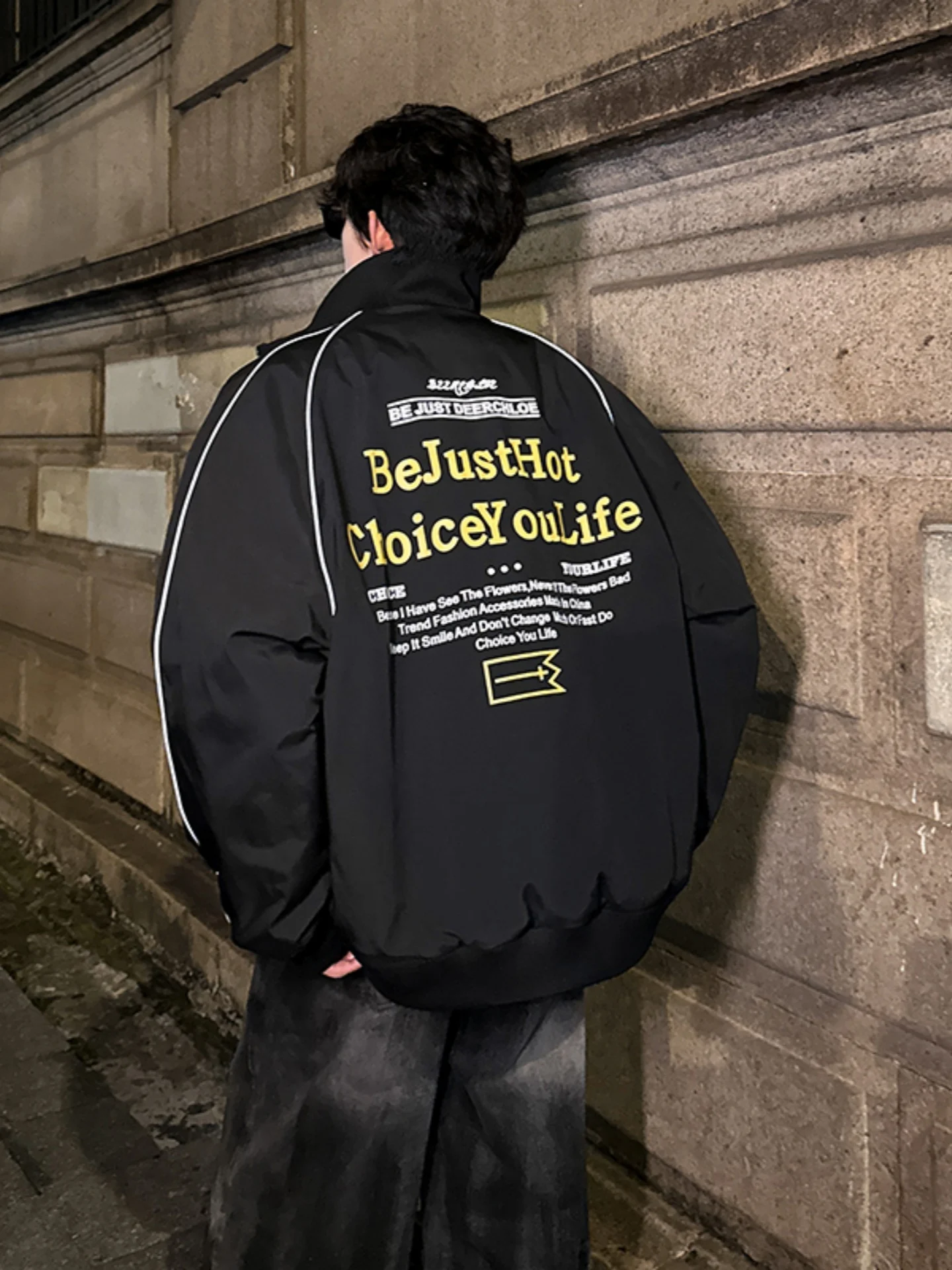 

American Sle Reflective Strip Splicing Stand Collar Men's Winter Thiened Warm Casual Jaet Trend Design Bread Coat