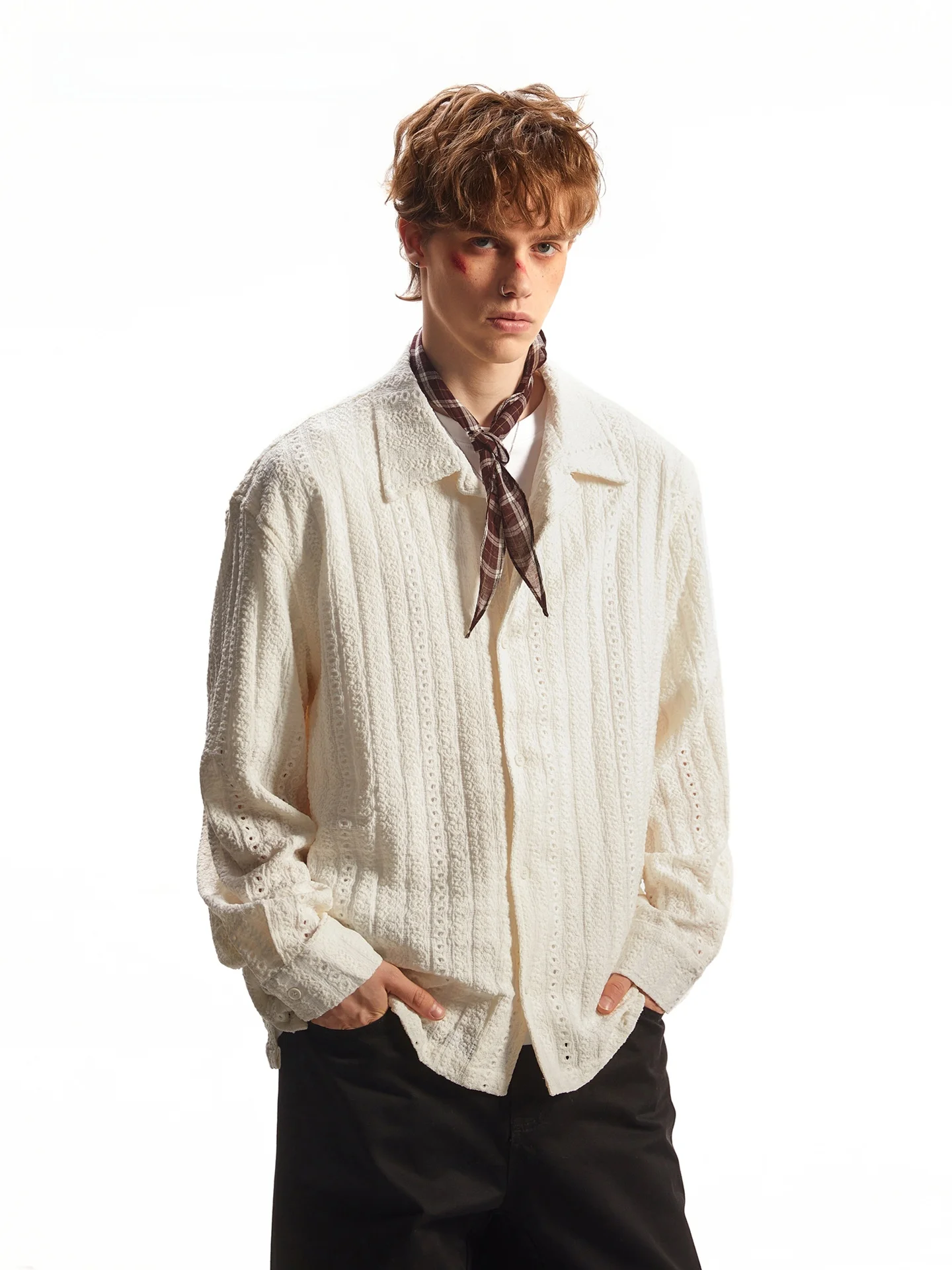 SDMADE American Retro Hollow Design Long Sleeve Men's Shirt Autumn Texture Feeling Loose Fit Classic Style Pure Color Button up