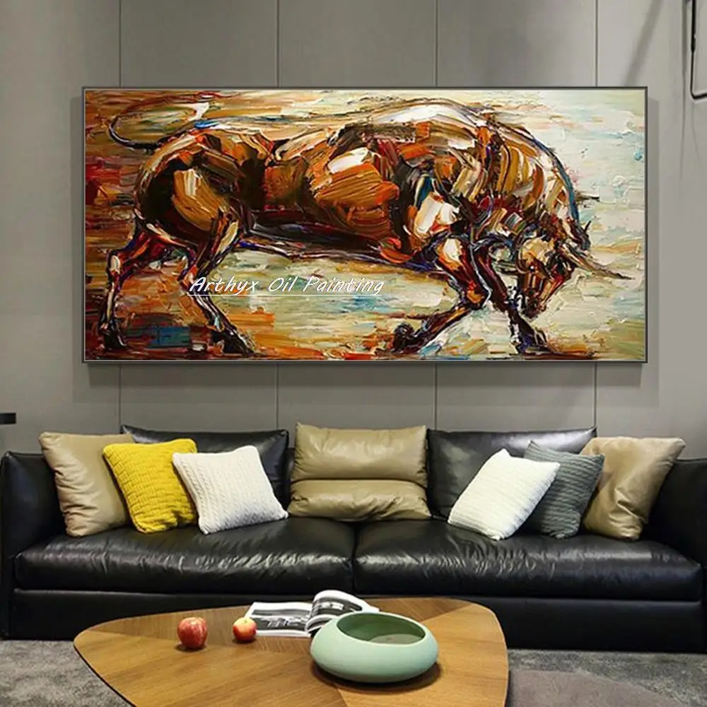 Arthyx,Modern Decorative Pop Art,Handpainted Abstract Animal Bull Oil Painting On Canvas,Wall Picture For Living Room Home Decor