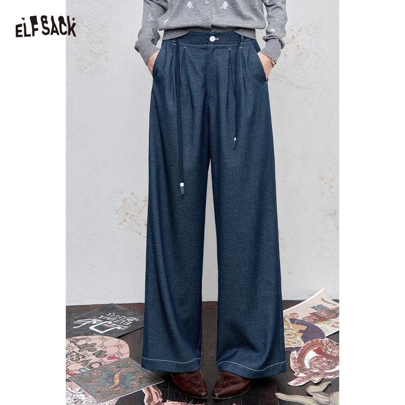 

ELFSACK 2025, осеннее новое поступление, повседневные базовые темные длинные джинсы в стиле ретро с завязками и широкими штанинами в стиле пэчворк для женщин