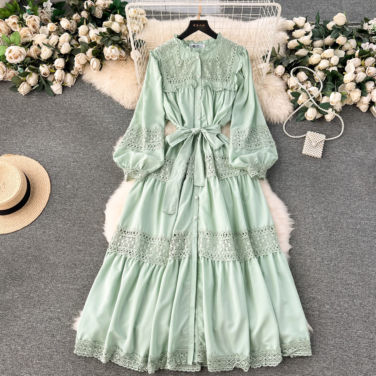 French Vintage lool Sleeve Lace cut out PATCHWORK Dress A-line Chic Casual Beach Vacation Women Summer puff sleeve Dresses