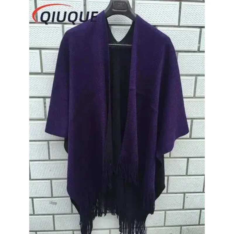 New Fashion Oversized Loose Overwear Knitted Cashmere Poncho Capes Coat Duplex Tassel Shawl Cardigans Women's Sweaters