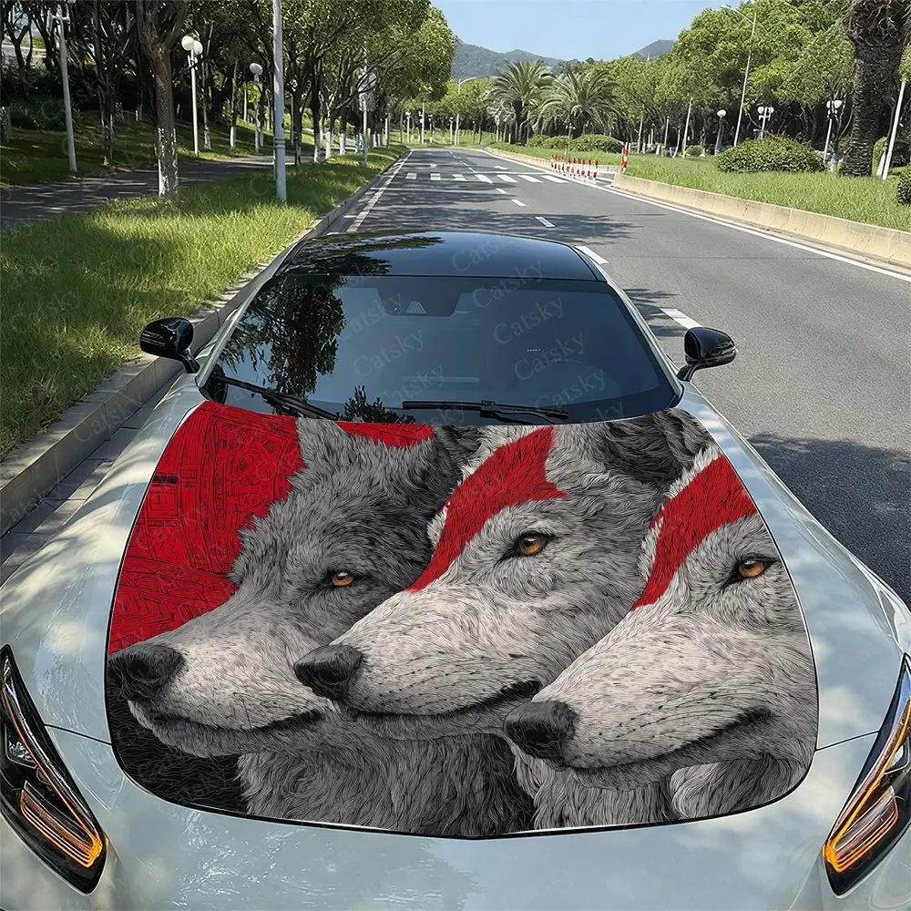 Red Striped Three Wolves Car Hood Sticker, Drum Packaging, Stylish Design, Suitable For Most Vehicles, Hood Protective Film, Veh