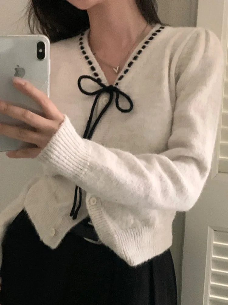 

Вязаный свитер с милым узлом, женский свитер на пуговицах, корейская мода, весна-осень-зима, повседневная одежда