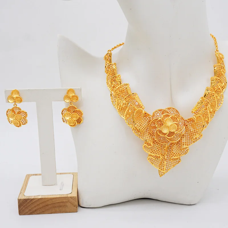 

Necklace/Earrings (Flower Hollow) Women 24K Gold, AU999 | Hammered weathered wood with raised flower hollows.