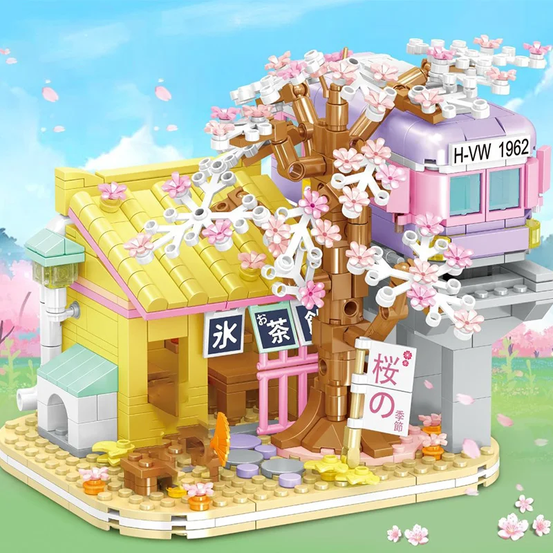 Creative Street View Izakaya Sakura House Model Building Blocks City Cherry Blossom Hut MOC Bricks With Figure Toys For Kid Gift