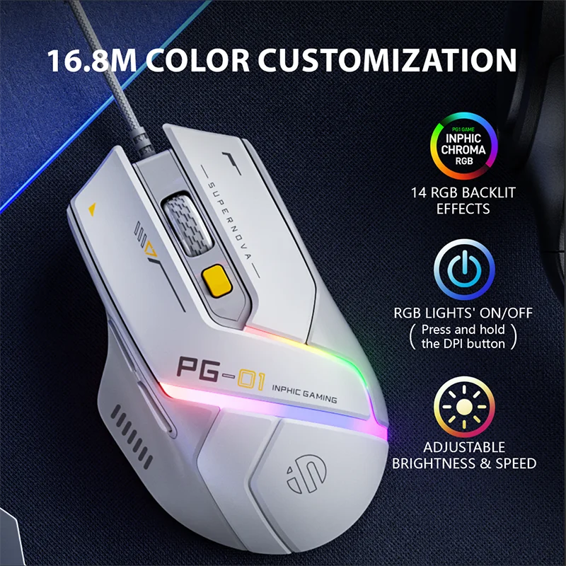 INPHIC-PG1 Wired Gaming Mouse, Programação Macro Ergonômica E-Sports, Periférico Competitivo RGB, Hardware Macro + 1000 Return Rate