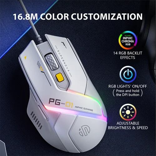 INPHIC PG1 Ratón para juegos por cable Ergonómico E-sports Macro Programación RGB Periférico competitivo [Moscopio de hardware + 1000 tasa de retorno]