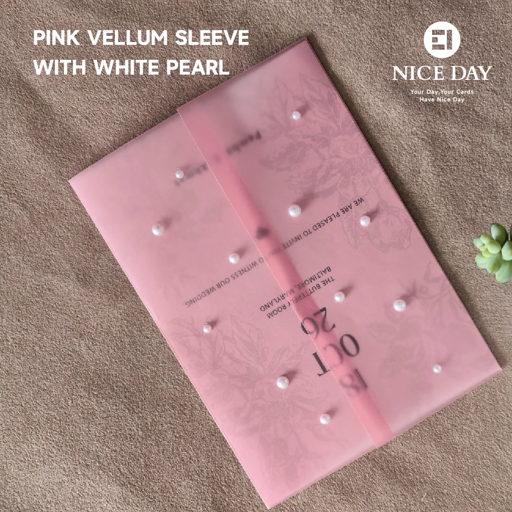 

Pink Vellum Sleeve with White Pearl, 5x7 Invitation Jacket for Wedding, Baby Shower, Girls’ Party & Sweet Sixteens