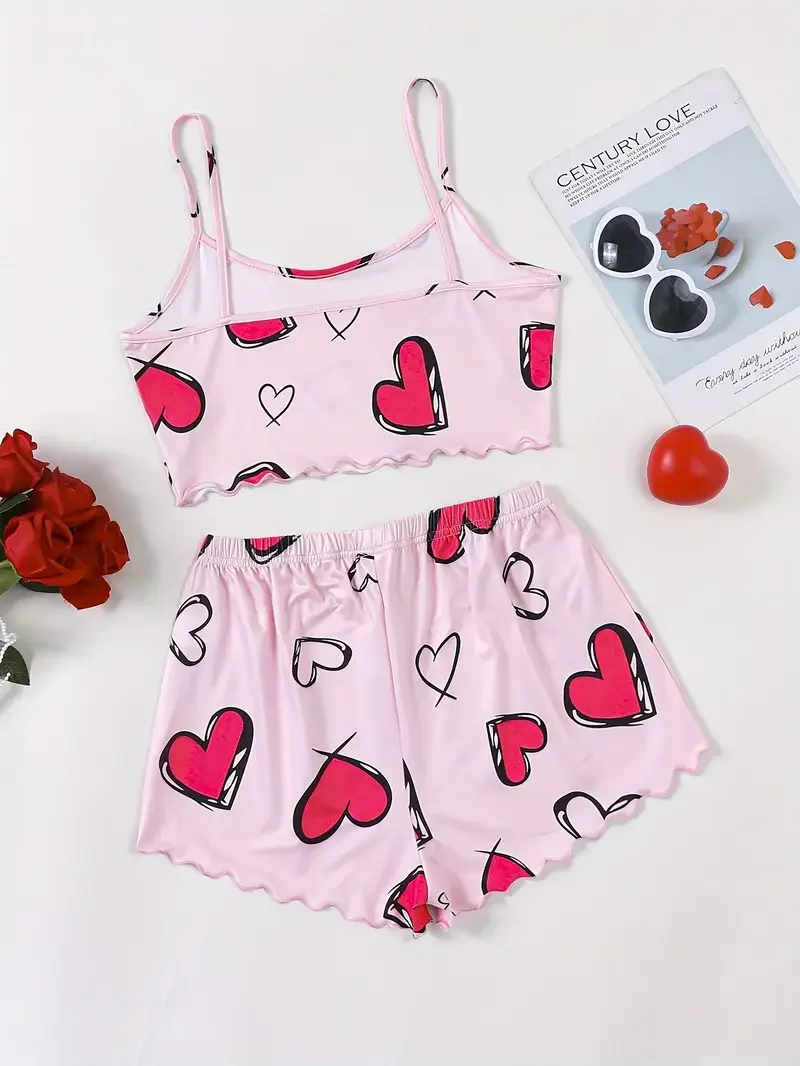 Summer Women\'s Sexy Pajamas Set Heart Print Sling Sleepwear V-Neck Pyjamas Sleeveless Cute Top and Shorts Loungewear