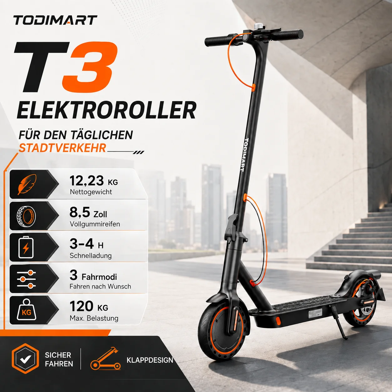 TODIMART T3 Faltbarer Elektroroller für Erwachsene 36V 7.8Ah Akku 25KM …