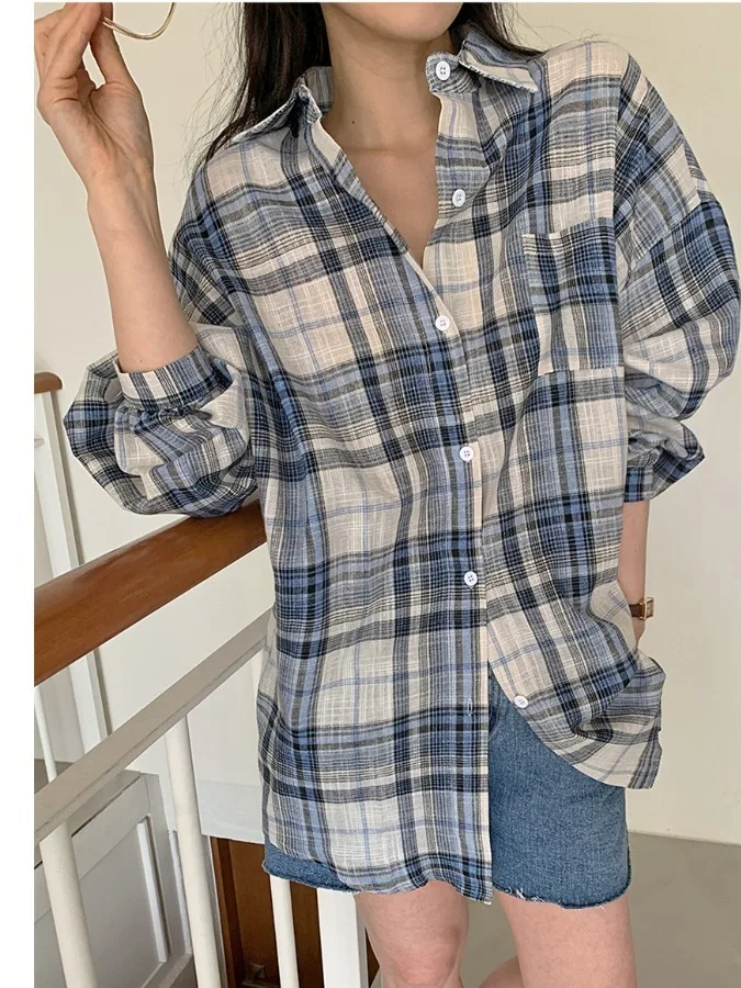Loose Korean Style Women's Plaid Shirt Lazy Boyfriend Fashion Retro Checkered Top Autumn Trendy Item Versatile Long Sleeve