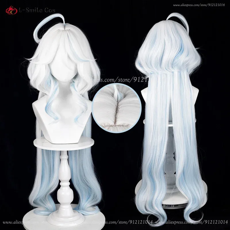 أنيمي Focalors شعر مستعار تأثيري 43 سنتيمتر/100 سنتيمتر مجعد الفضة الأبيض الأزرق Furina تأثيري أنيمي شعر مستعار مقاومة للحرارة الاصطناعية الشعر + غطاء شعر مستعار