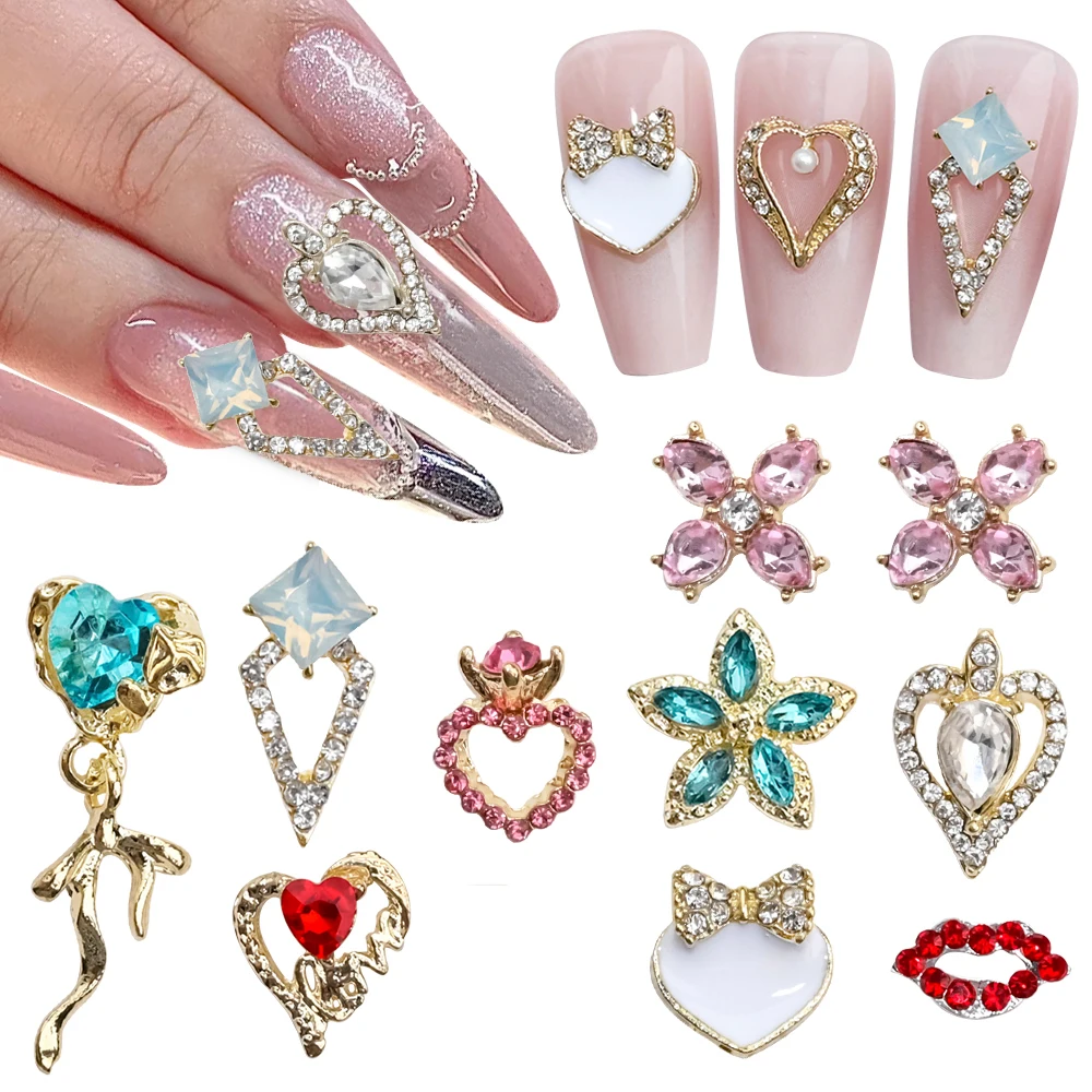 10Pc Hollow Heart Alloy Nail Art Charm Multi-Shape Gold/Silver Red Lip Flower Love Nail Jewelry Luxury Crystal Nail Accessorie