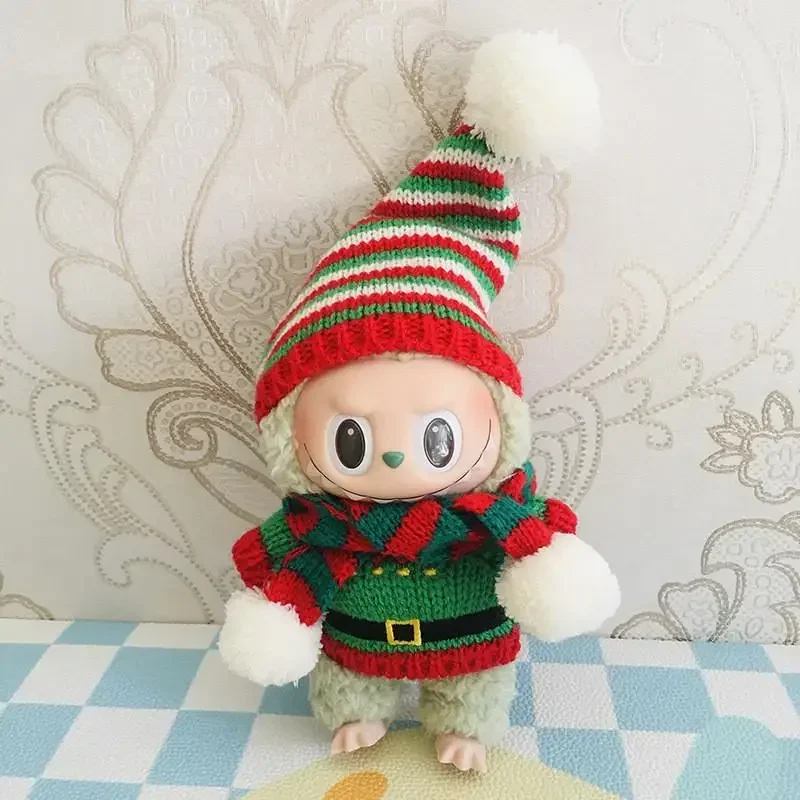 Para ropa de muñeca de tela labubu de 17Cm, colgante, sombrero de muñeco de nieve de Navidad, bufanda, accesorios, ropa de muñeca para traje labubu