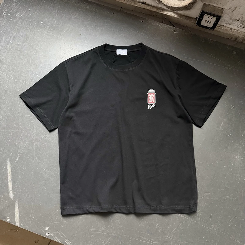 2026SS RHUDE Men's T Shirt Washed Distressed Short Sleeve Tiny Chest Crown Badge Letter Hip Hop Loose Tee