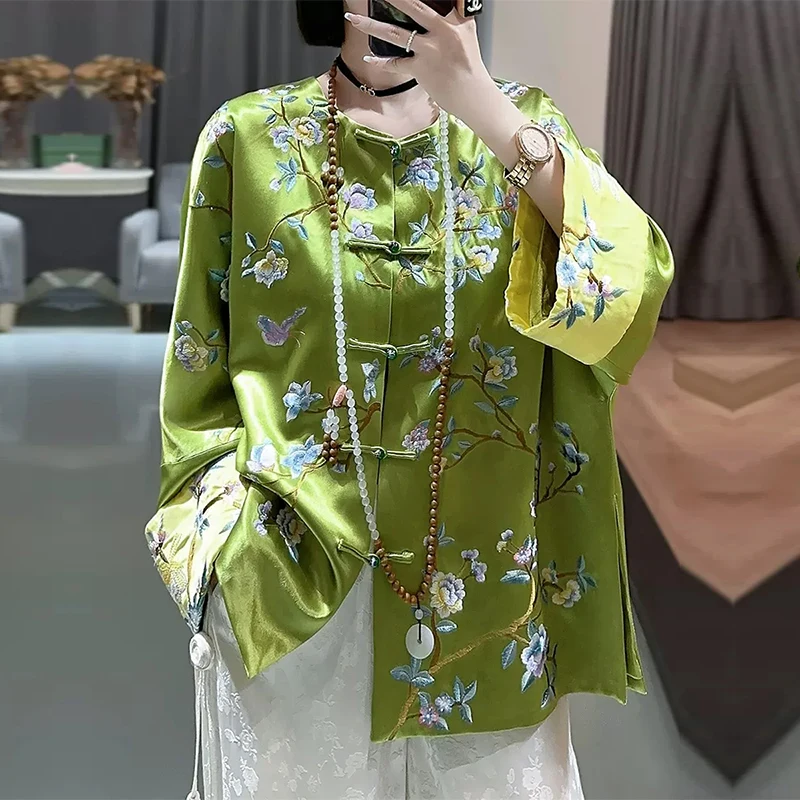 

New Chinese Sle Women's Jaet Tang Suit Embroidered Button Retro Anti-Aging Top High Waist Design Floral Print Long Sve