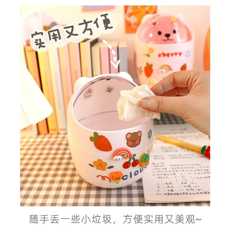 Desktop Mini Trash Can Organizer Kawaii Pencil Holder Cute Cartoon Student Desk Garbage Can Storage Bin with Lid Storage Box