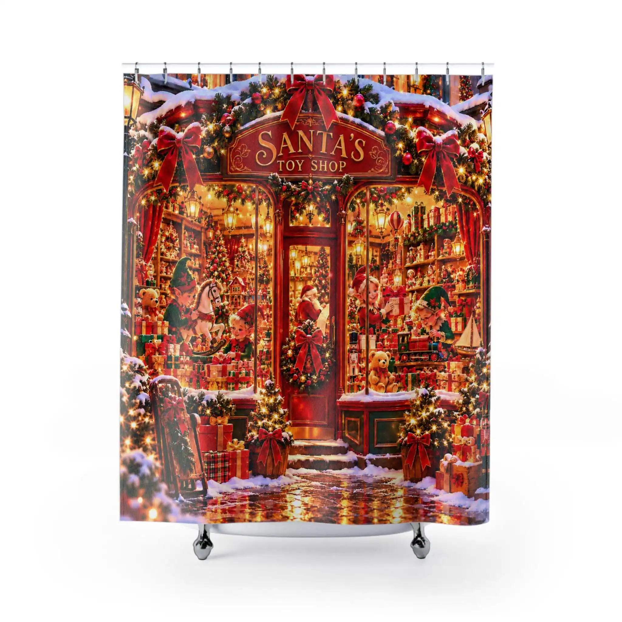 Santa's Toy Shop Christmas Shower Curtain Waterproof Bathroom Decor Holiday Scene Xmas Shower Curtain