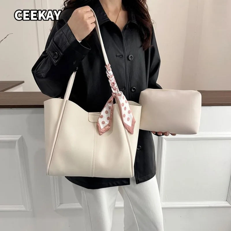 CEEKAY Women's Tote Bag Cream White Soft PU Leather Large Shoulder Handbag Scarf Detail with Pouch Set Daily Commute Casual