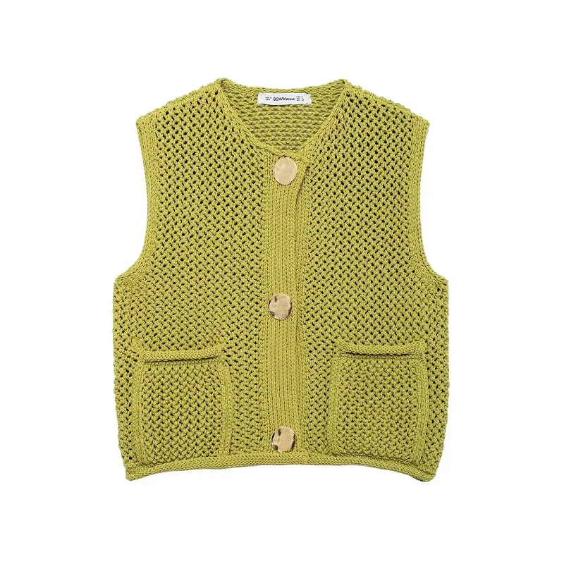 TRAF Green Knitted Top 2024 Women Summer Autumn Elegant Cropped Tank Vest Tops Ladies Fashion Casual Sleeveless Short Sweater