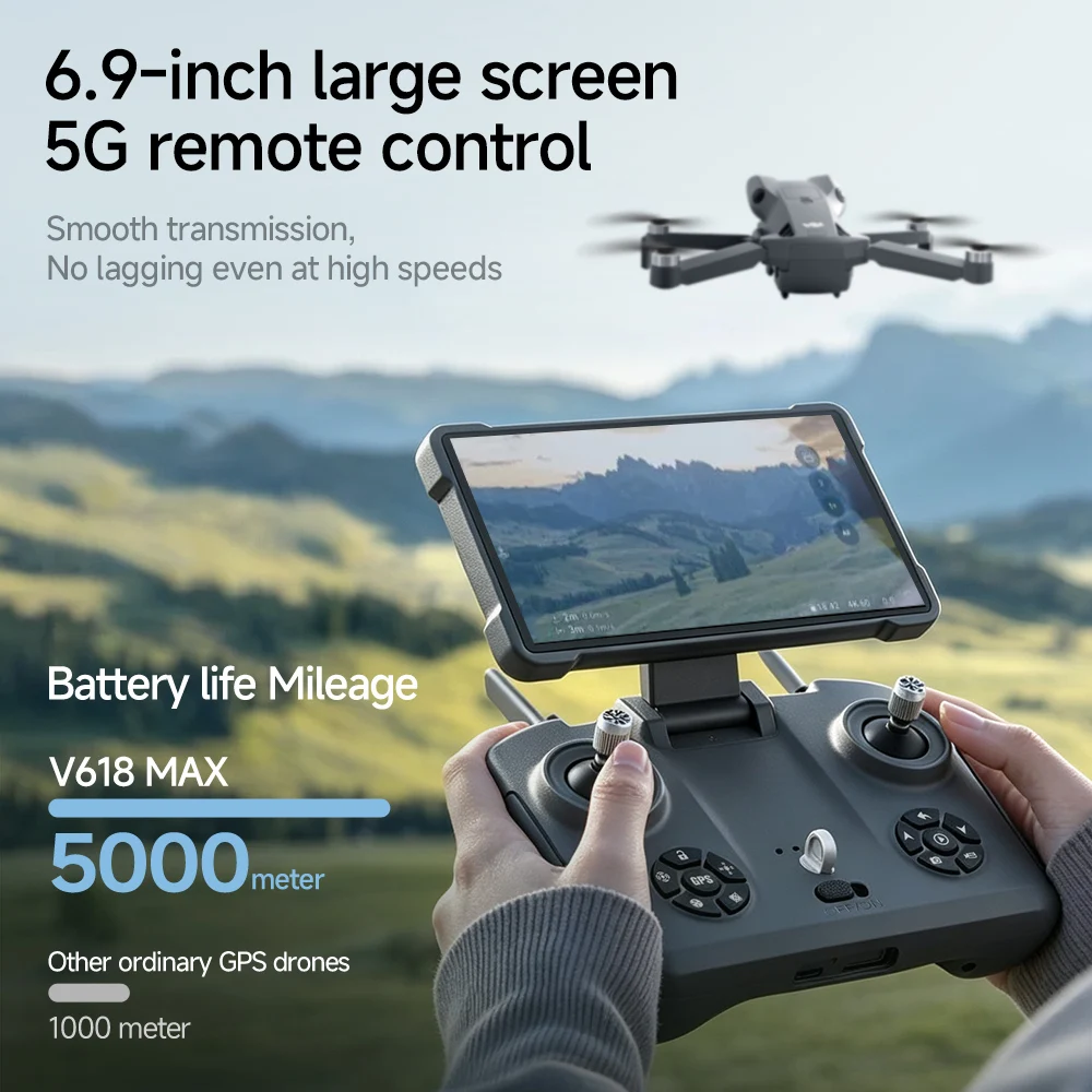 V618 MAX GPS Foldable Drone 6.9 Inch Screen 8K UHD Brushless Airdrop 5G FPV Dual Camera Wide Angle Easy Control Outdoor Flying