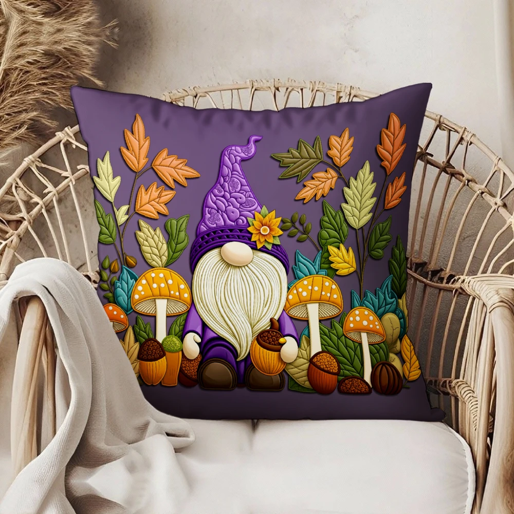 Square Throw Pillow Case Purple Autumn Gnome Mushroom Leaves Pattern For Living Room Sofa Bedroom Home Decor Cushion Cover