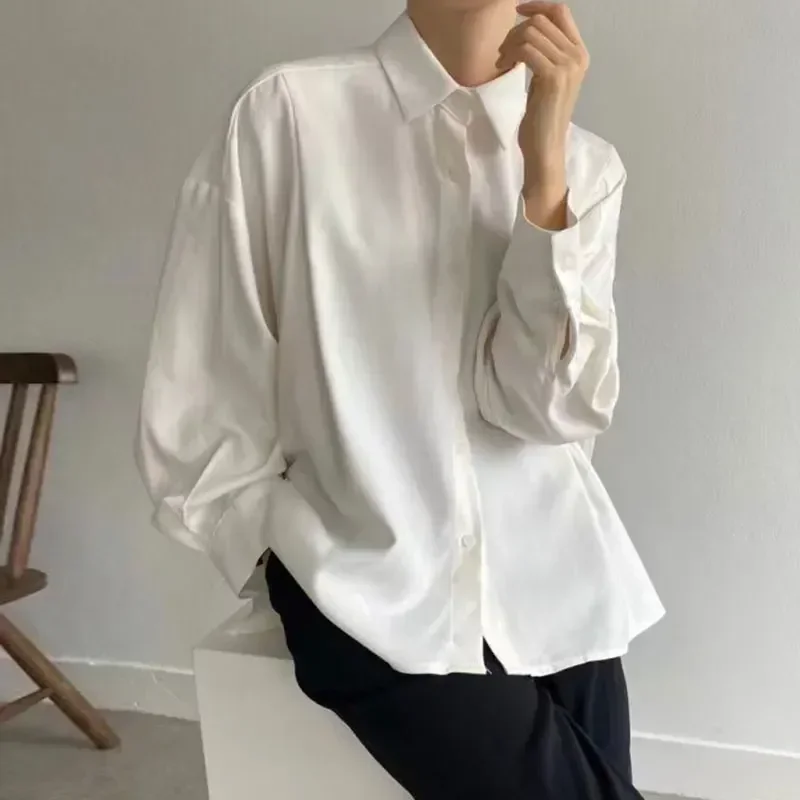 QNPQYX Korean Chic Women\'s Shirts  Back Pleated Design Blusas Mujer Loose Casual Blouses Lapel Long Sleeve Tops Spring New Shirt