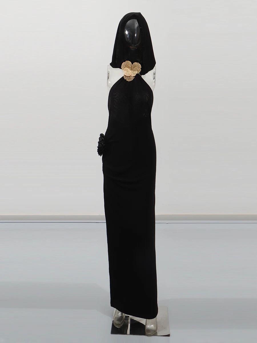 Sólido magro vestidos longos para mulheres halter pescoço sem mangas emendado apliques cintura alta temperamento vestido roupas femininas