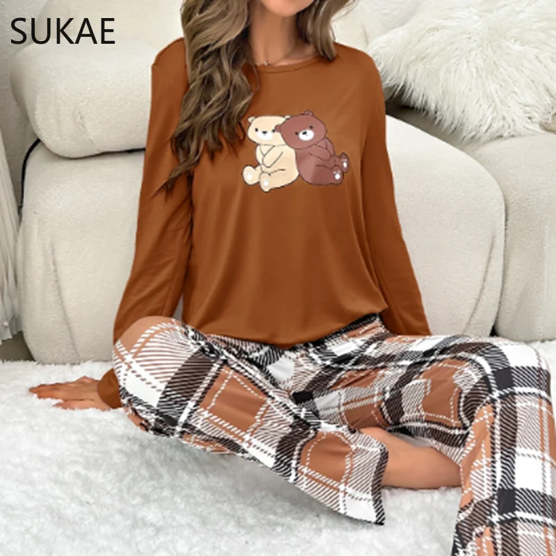 Conjunto pijama de urso fofo para mulheres pijamas macios, pijama de seda leite para menina, pijamas de mangas compridas, loungewear de lazer,