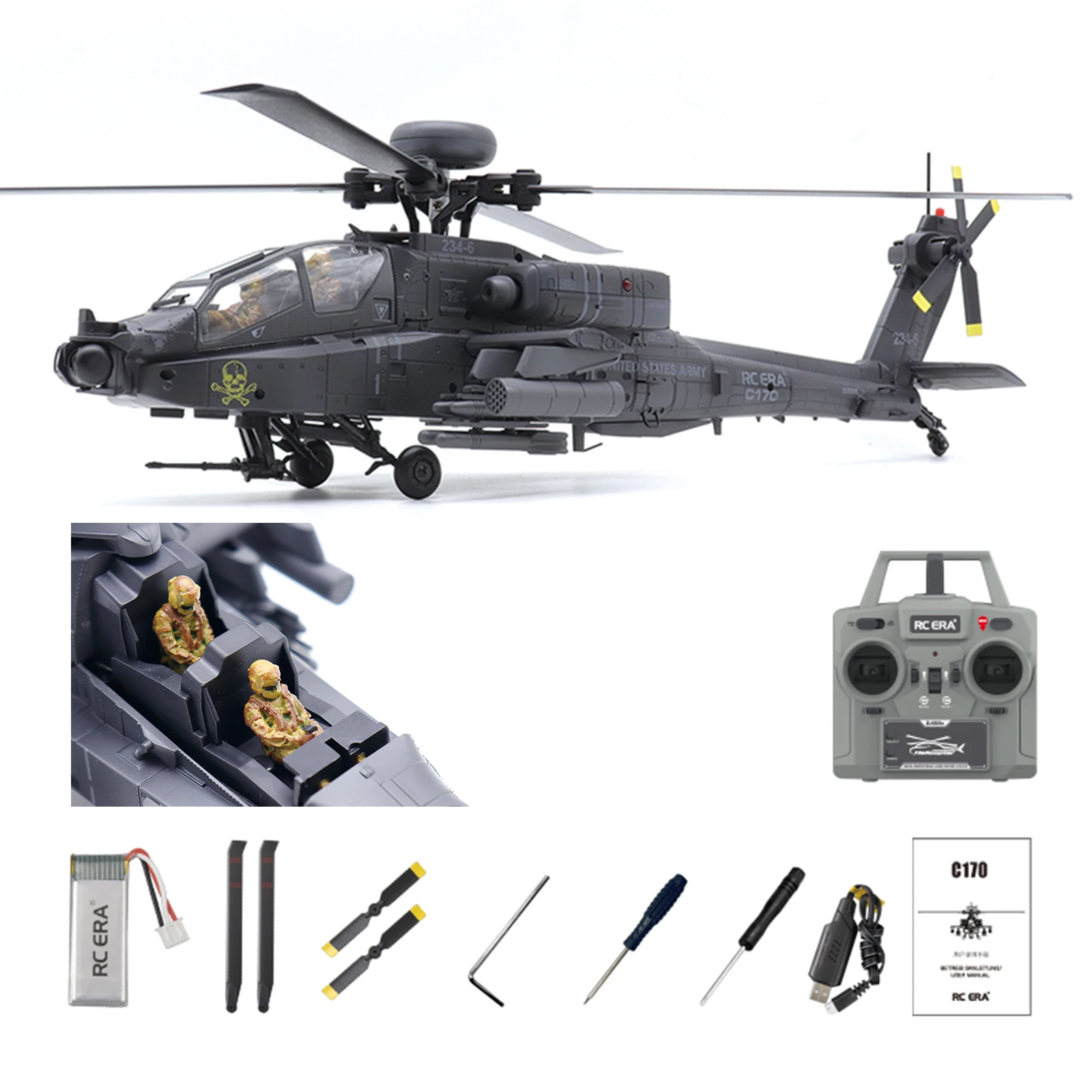 RC ERA C170 AH-64 Apache 6CH Bürstenloser Selbststabilisierter RC-Hubschrauber mit 2 Tarnfarben-Pilotenfiguren Hobby-Flugzeug für Erwachsene