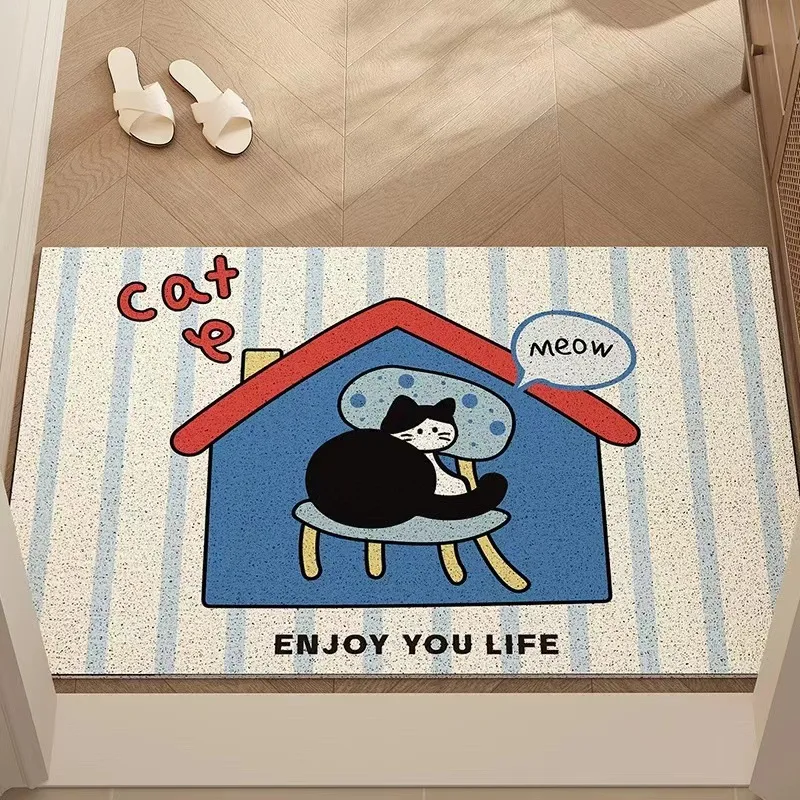 Cute Cat Entrance Doormat Non-slip PVC Floor Mat INS Style Entry Porch Hallway Entryway Home Decor Dust Removal Carpet Silk Loop