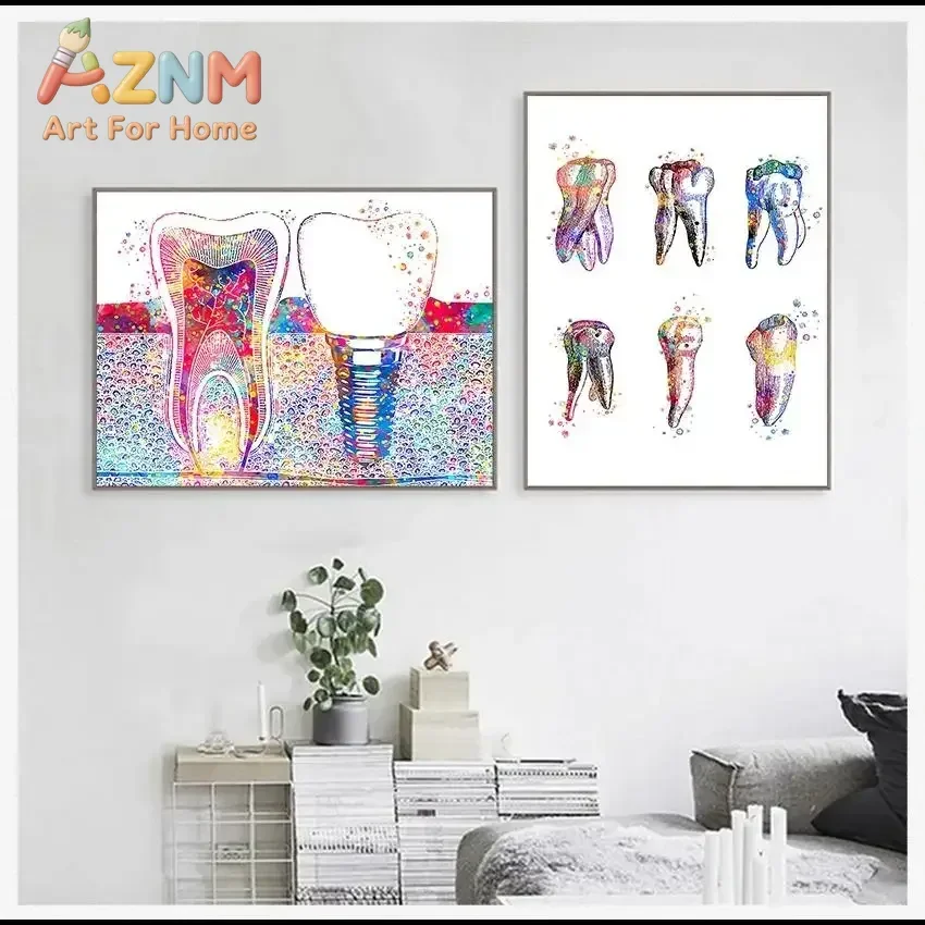 Watercolor Tooth Wall Art for Dental Clinic Decor Hygienist Poster Tooth Implant Canvas Print Dentist Office Art Medicine Paint