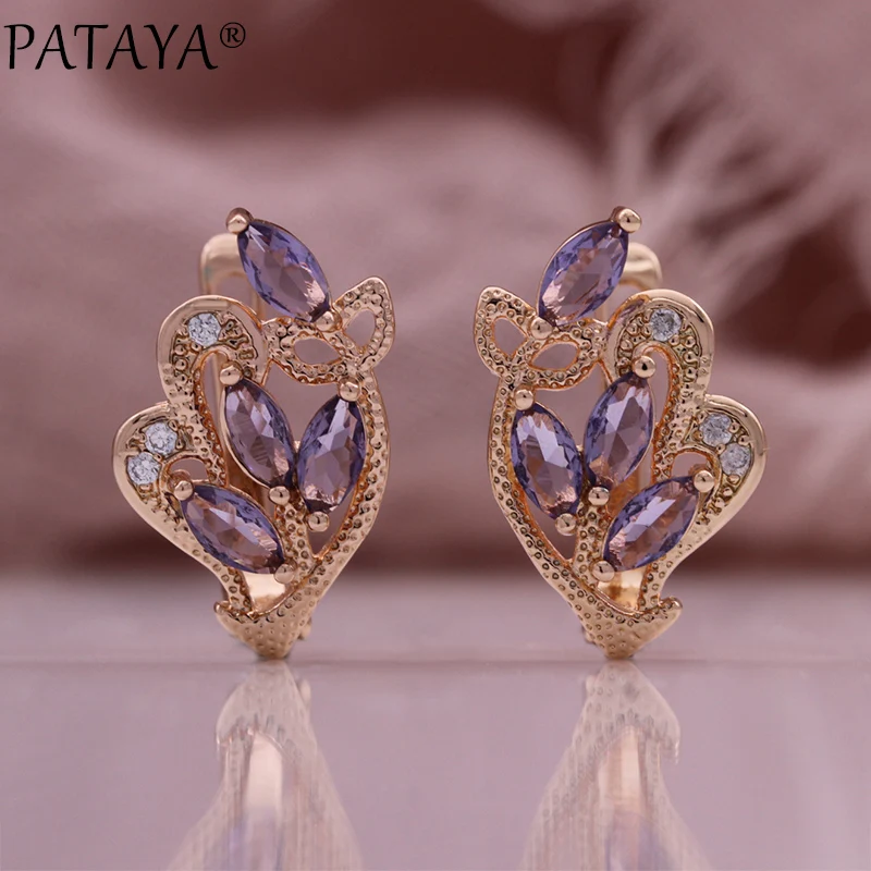 PATAYA New 585 Rose Gold Color Earrings Horse Eye Petal Natural Zircon Dangle Earrings Women Creative Vintage Fashion Jewelry