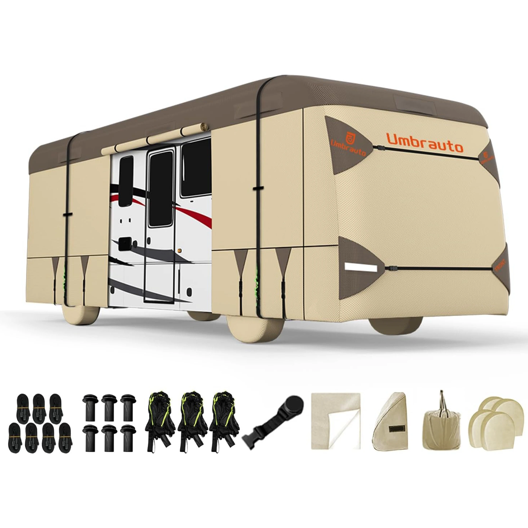 Umbrauto Class A RV Cover, Upgraded 7-Layer Top Waterproof Camper Cover with Gutter Covers, Tongne Jack Covers, Straps