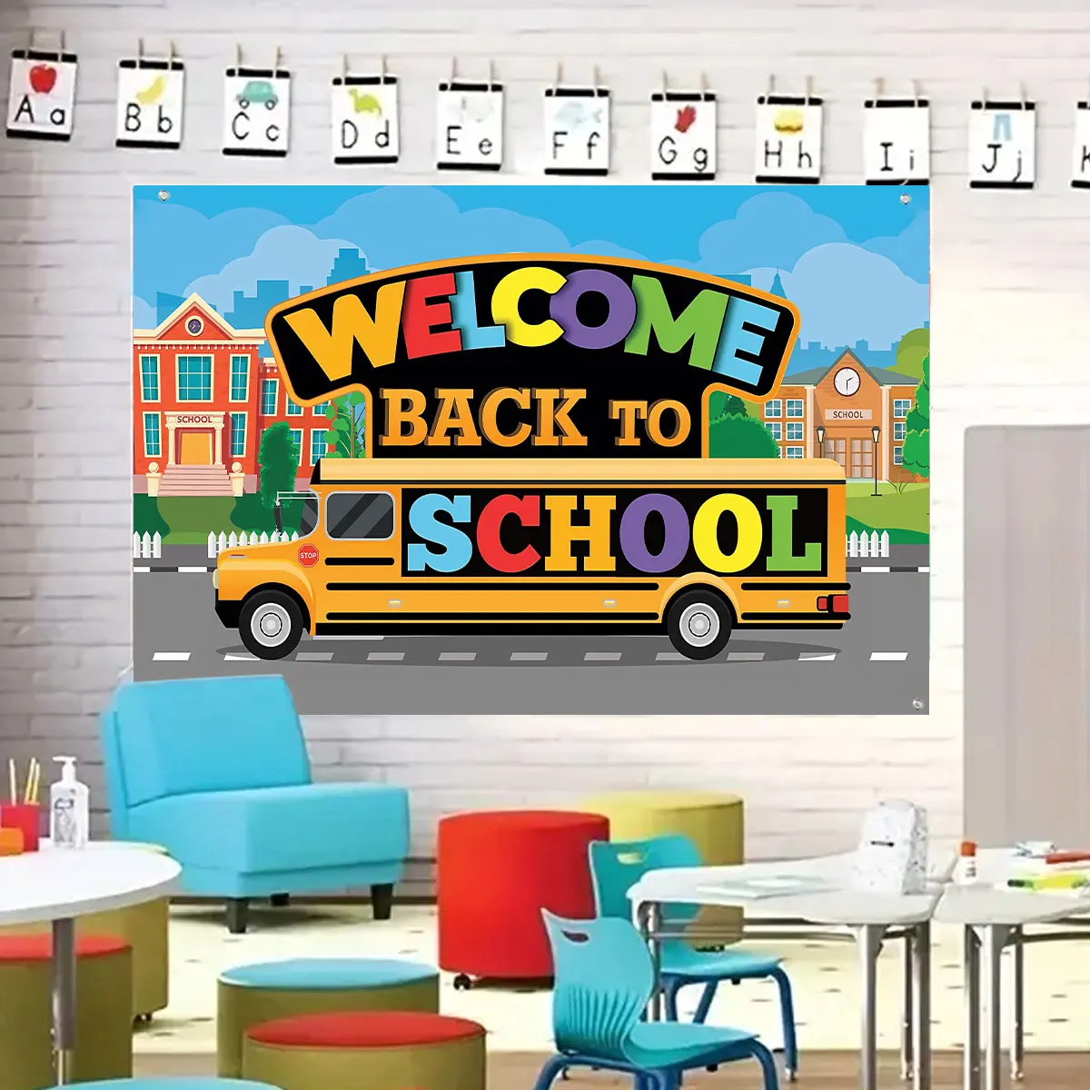 1pc Welcome Back to School Polyester Backdrop Bus Yellow Wheels First Day of School Blackboard for Classroom Decor Party Decor