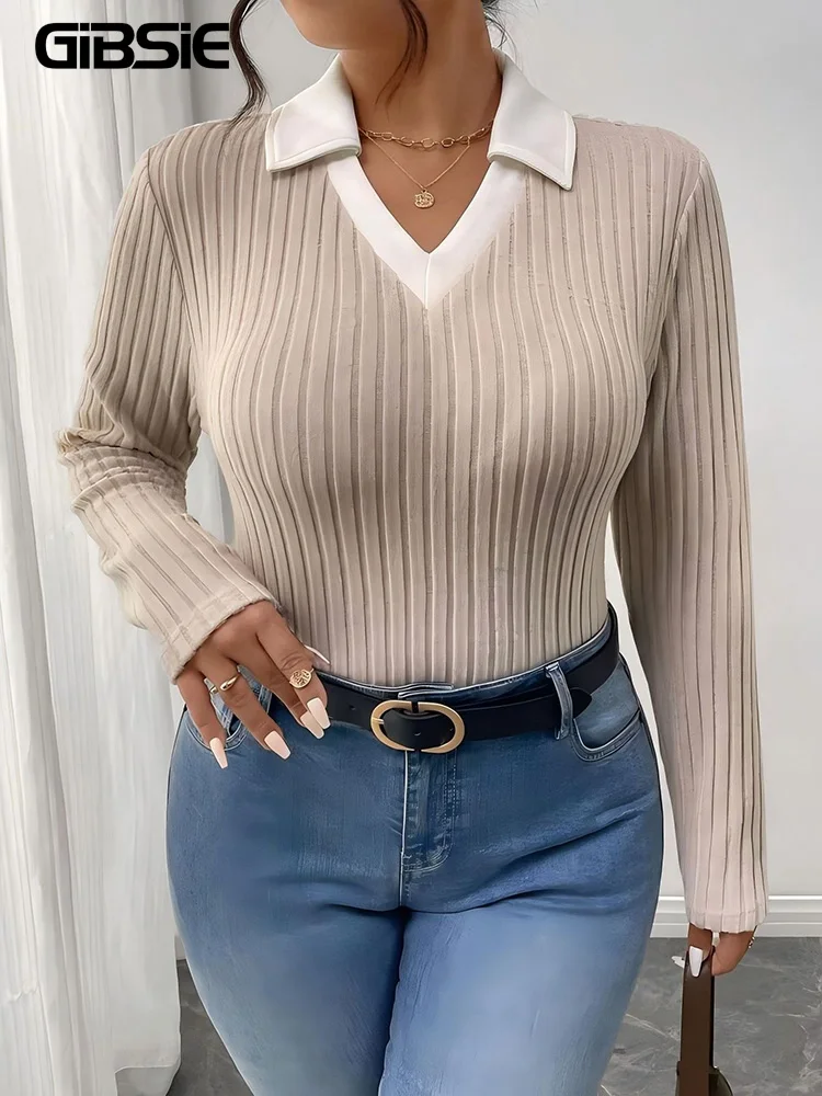 

GIBSIE Plus Size Polo Collar Solid Rib-knit Short Tee Women 2025 Autumn Pullover Long Sleeved Slim Casual T-Shirts Top For Women