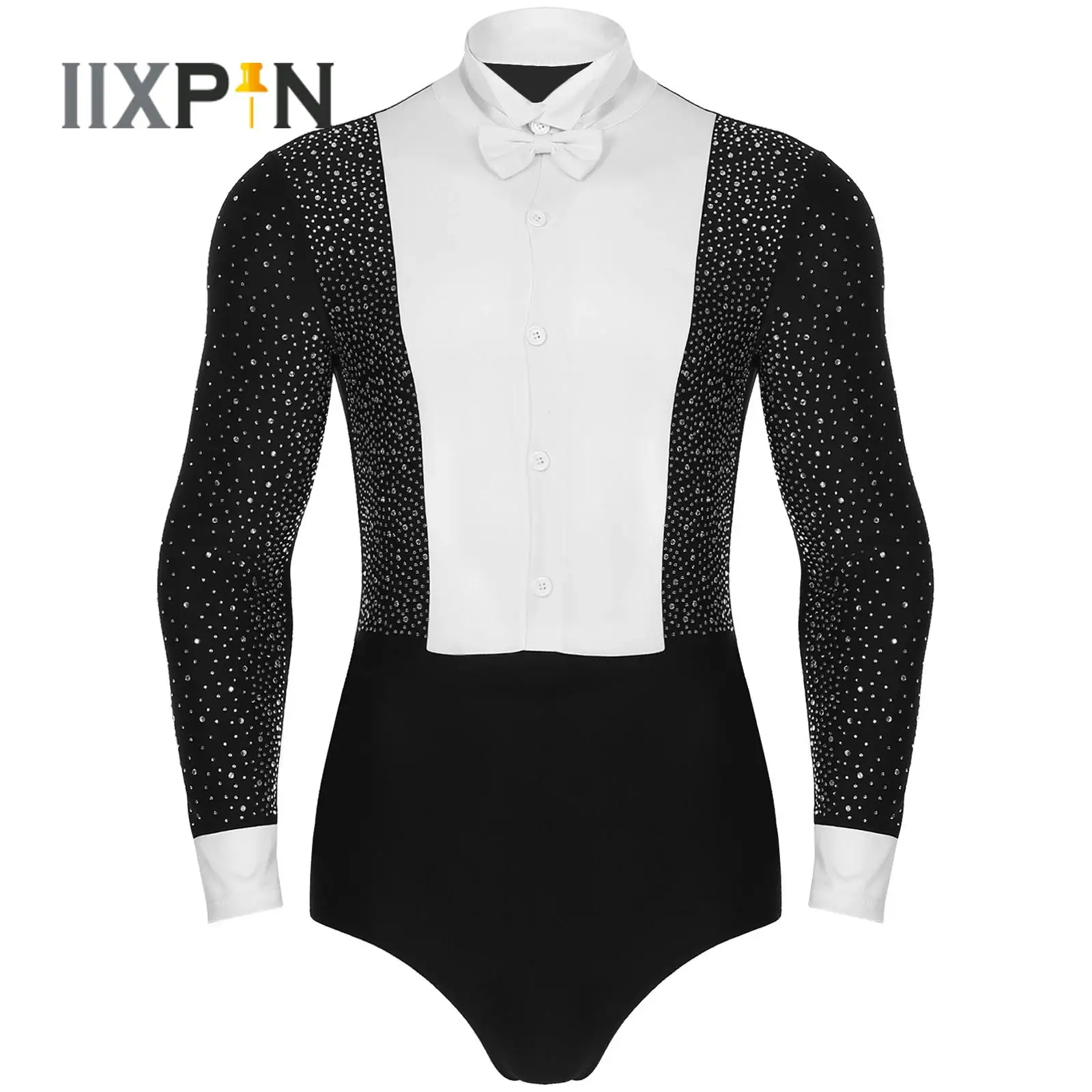 

Mens Latin Rumba Ballroom Dance Leotard 2Pcs Long Sleeves Shiny Rhinestones Color Block Bodysuit with Bowtie Outfit Dancewear