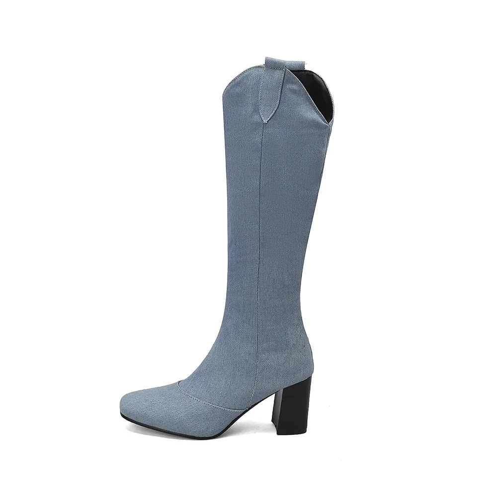 New Winter Black Blue Women Knee High Riding Boots Hot Round Toe High Heels Lady Casual Shoes Plus Big Size 12 43 45 48 view 2