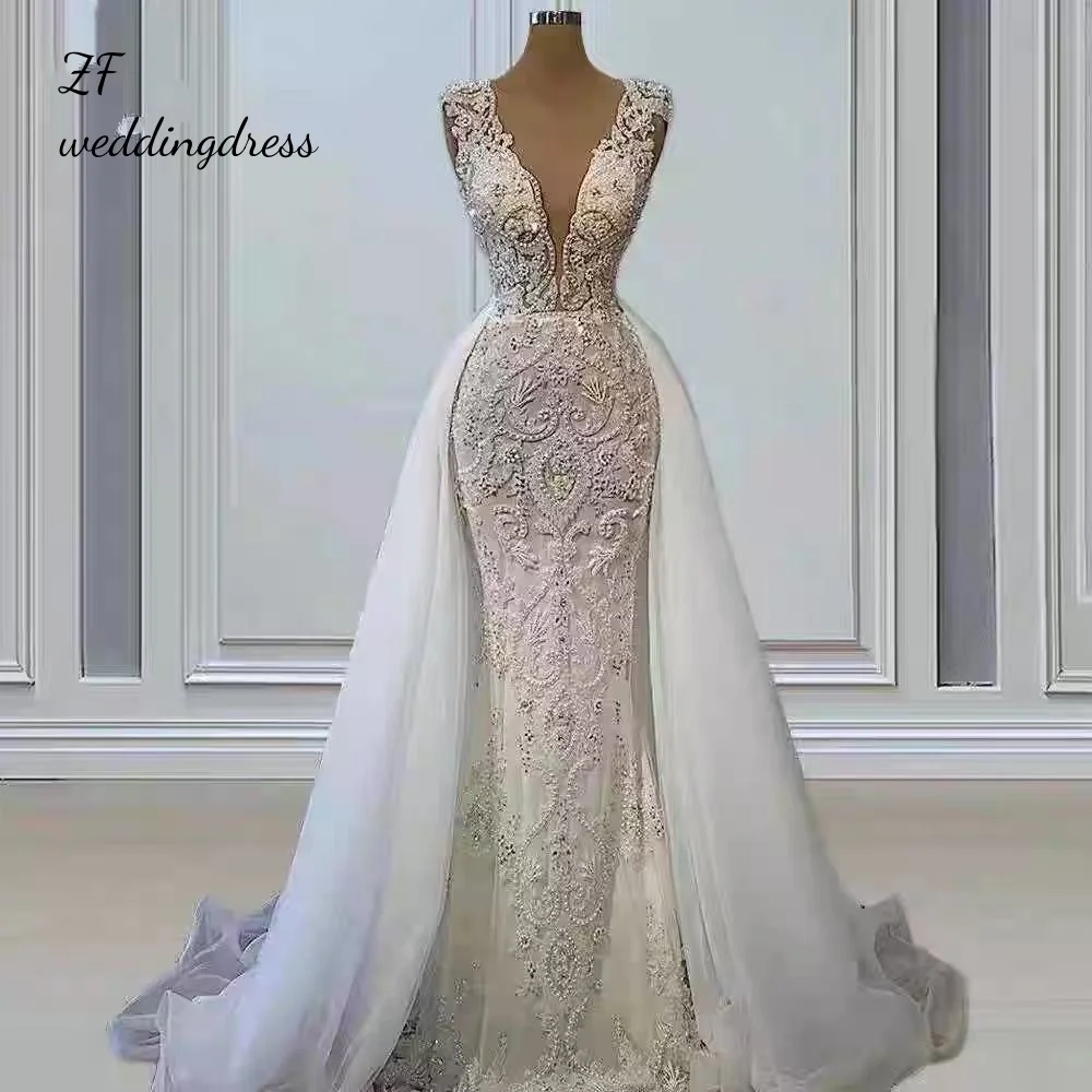Vestidos de noche lujosos personalizados, vestidos de novia, novias en V profundo, trenes brillantes, trenes sin mangas, líneas traseras, bal desmontable