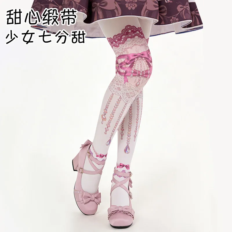 Girly Lolita Socks Sweetheart Ribbon Gorgeous Print Velvet-lined Tights Pantyhose Women Girl Summer New Pantyhose 120d Stockings