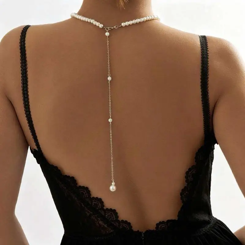 Vintage Elegant Simulated Pearls Clavicle Choker Necklace Women Long Chain Tassel Pendant Wedding Jewelry Bikini Chest Chain