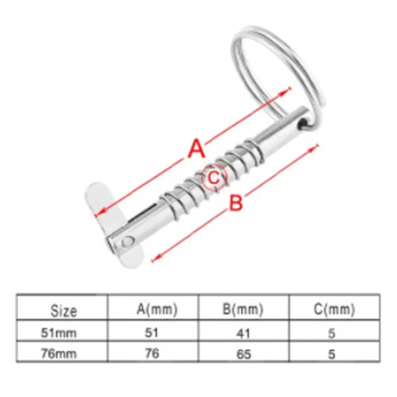 Pasador de liberación rápida de acero inoxidable 316 de grado marino, bisagra de cubierta superior Bimini para barco, Hardware marino, 5mm x 51mm, 1