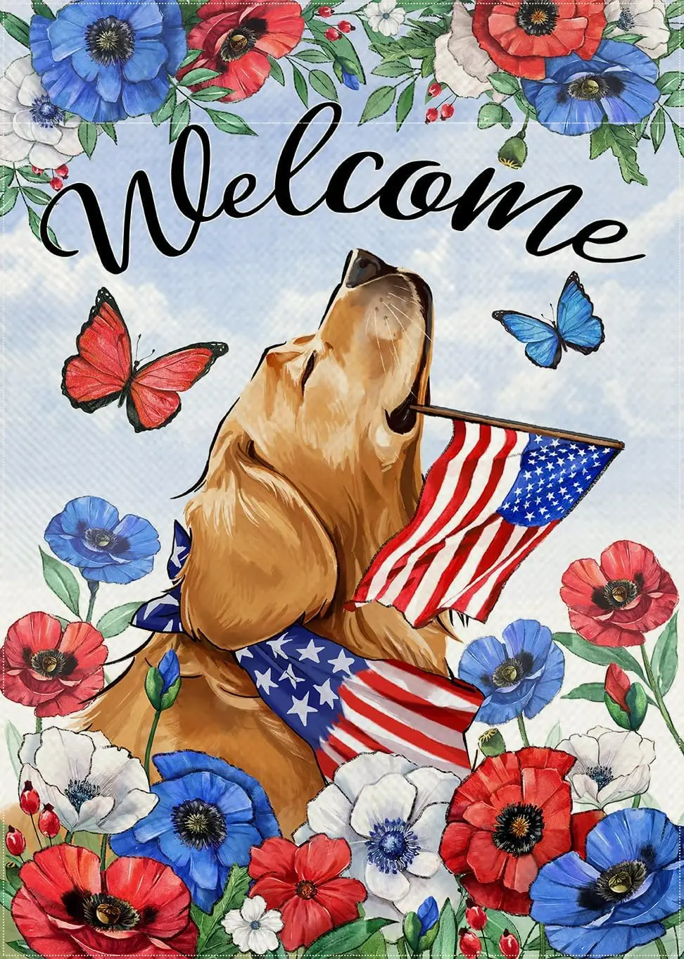 Welcome 4th of July Golden Retriever Dog Patriotic Decorative Garden Flag, America USA Pet Anemone Flower Yard Outside Decoratio