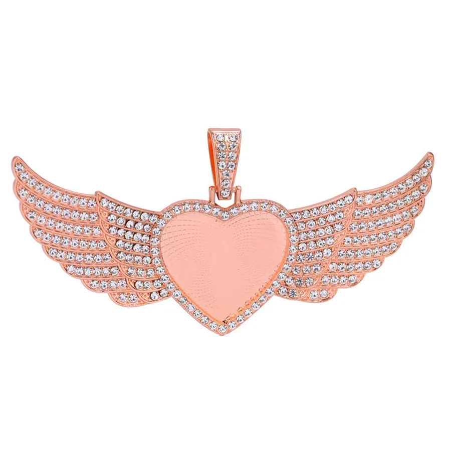 大きな天使の羽のハートの額縁、フォトペンダントベース、ブランクトレイチャーム、昇華ブランクネックレス、5個