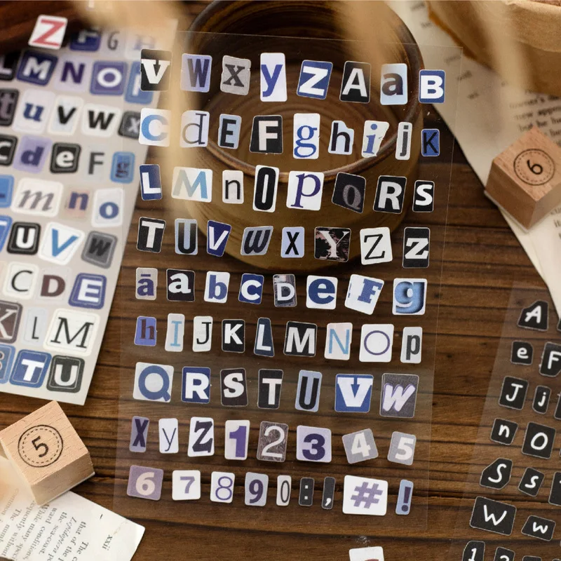 4 Sheets Vintage Alphabet Number Coated Paper Stickers, Retro Letter Character Decals for Junk Journal Scrapbook DIY Decor