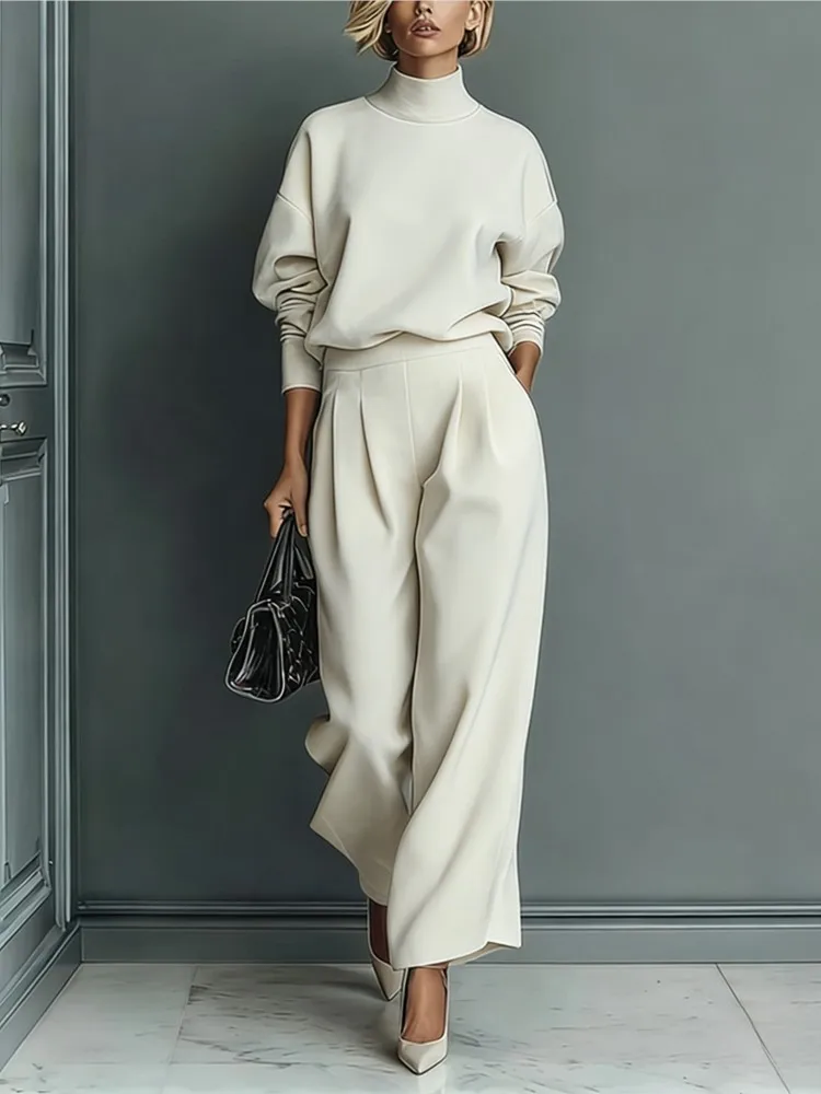 New Women Fashion Casual Warm Sportswear 2 Piece Sets Autumn Winter Velvet Long-sleeved Solid Color High-neck Wide-leg Pants Set
